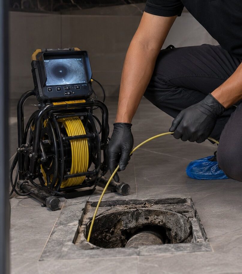 Robotic drain camera inspection at a floor drain in Dubai