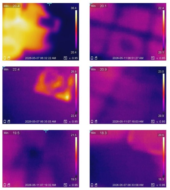 Thermal imaging evidence pages from a real water leakage investigation report in Dubai