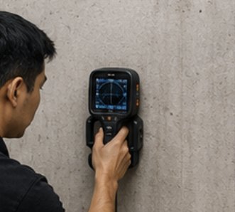 Wall scanner locating concealed pipe routes behind a concrete wall